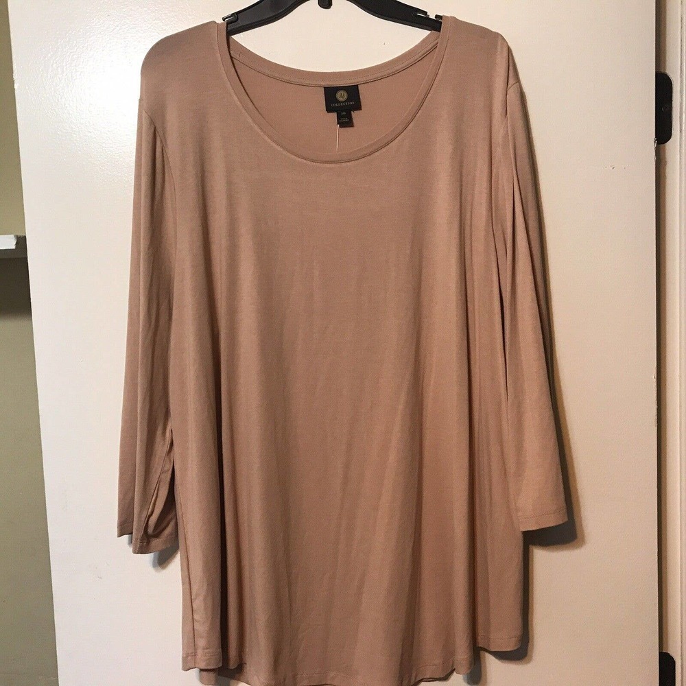JM Collection Women Plus Sz2XL Scoop Neck Stretch Top 3/4 Sleeves Tan Size NWT